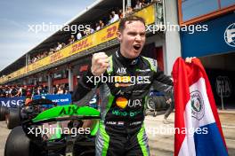 Joshua Durksen (PAR) AIX Racing celebrates his third position in parc ferme. 19.05.2024. FIA Formula 2 Championship, Rd 4, Feature Race, Imola, Italy, Sunday.