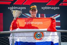 Joshua Durksen (PAR) AIX Racing celebrates his third position on the podium. 31.08.2024. Formula 2 Championship, Rd 11, Sprint Race, Monza, Italy, Saturday.