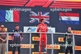 The podium (L to R): Victor Martins (FRA) ART Grand Prix, second; Oliver Bearman (GBR) Prema Racing, race winner; Joshua Durksen (PAR) AIX Racing, third. 31.08.2024. Formula 2 Championship, Rd 11, Sprint Race, Monza, Italy, Saturday.