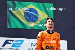 Race winner Gabriel Bortoleto (BRA) Invicta Racing celebrates on the podium. 01.09.2024. Formula 2 Championship, Rd 11, Feature Race, Monza, Italy, Sunday.