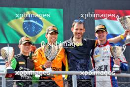 The podium (L to R): Zane Maloney (BRB) Rodin Motorsport, second; Gabriel Bortoleto (BRA) Invicta Racing, race winner; Richard Verschoor (NED) Trident, third. 01.09.2024. Formula 2 Championship, Rd 11, Feature Race, Monza, Italy, Sunday.