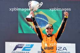 Race winner Gabriel Bortoleto (BRA) Invicta Racing celebrates on the podium. 01.09.2024. Formula 2 Championship, Rd 11, Feature Race, Monza, Italy, Sunday.