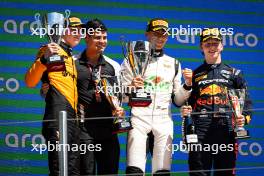 The podium (L to R): Alexander Dunne (IRE) MP Motorsport, second; Mari Boya (ESP) Campos Racing, race winner; Oliver Goethe (GER) Campos Racing, third. 22.06.2024. FIA Formula 3 Championship, Rd 5, Sprint Race, Barcelona, Spain, Saturday.