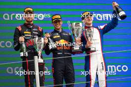 The podium (L to R): Christian Mansell (GBR) ART Grand Prix, second; Arvid Lindblad (GBR) Prema Racing, race winner; Leonardo Fornaroli (ITA) Trident, third. 23.06.2024. FIA Formula 3 Championship, Rd 5, Feature Race, Barcelona, Spain, Sunday.