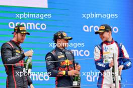 The podium (L to R): Christian Mansell (GBR) ART Grand Prix, second; Arvid Lindblad (GBR) Prema Racing, race winner; Leonardo Fornaroli (ITA) Trident, third. 23.06.2024. FIA Formula 3 Championship, Rd 5, Feature Race, Barcelona, Spain, Sunday.