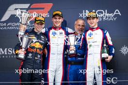 The podium (L to R): Oliver Goethe (GER) Campos Racing, second; Sami Meguetounif (FRA) Trident, race winner; Leonardo Fornaroli (ITA) Trident, third. 19.05.2024. FIA Formula 3 Championship, Rd 3, Feature Race, Imola, Italy, Sunday.