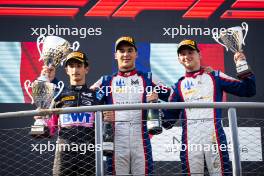 The podium (L to R): Gabriele Mini (ITA) Prema Racing, second; Sami Meguetounif (FRA) Trident, race winner; Leonardo Fornaroli (ITA) Trident, third and F3 Champion. 01.09.2024. Formula 3 Championship, Rd 10, Feature Race, Monza, Italy, Sunday.