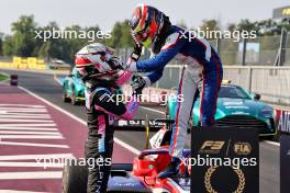 (L to R): Second placed Gabriele Mini (ITA) Prema Racing congratulates third placed F3 champion Leonardo Fornaroli (ITA) Trident in parc ferme. 01.09.2024. Formula 3 Championship, Rd 10, Feature Race, Monza, Italy, Sunday.