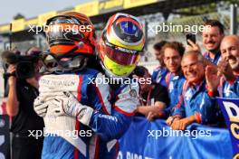 Leonardo Fornaroli (ITA) Trident celebrates third position and becoming F3 Champion in parc ferme with race winner and team mate Sami Meguetounif (FRA) Trident. 01.09.2024. Formula 3 Championship, Rd 10, Feature Race, Monza, Italy, Sunday.