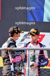 Sami Meguetounif (FRA) Trident (Right) celebrates third position and the F3 Championship on the podium with second placed Gabriele Mini (ITA) Prema Racing. 01.09.2024. Formula 3 Championship, Rd 10, Feature Race, Monza, Italy, Sunday.