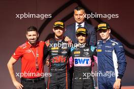 The podium (L to R): Christian Mansell (GBR) ART Grand Prix, second; Gabriele Mini (ITA) Prema Racing, race winner; Luke Browning (GBR) Hitech Pulse-Eight, third. 26.05.2024. FIA Formula 3 Championship, Rd 4, Feature Race, Monte Carlo, Monaco, Sunday.