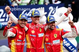 Race winners Antonio Fuoco (ITA) / Miguel Molina (ESP) / Nicklas Nielsen (DEN) #50 Ferrari AF Corse, celebrate at the end of the race in parc ferme. 16.06.2024. FIA World Endurance Championship, Round 4, Le Mans 24 Hours, Race, Le Mans, France, Sunday.