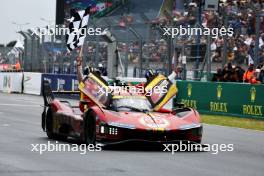 Race winners Antonio Fuoco (ITA) / Miguel Molina (ESP) / Nicklas Nielsen (DEN) #50 Ferrari AF Corse, Ferrari 499P celebrate at the end of the race. 16.06.2024. FIA World Endurance Championship, Round 4, Le Mans 24 Hours, Race, Le Mans, France, Sunday.