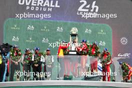 The podium (L to R): Jose Maria Lopez (ARG) / Kamui Kobayashi (JPN) / Nyck de Vries (NLD) #07 Toyota Gazoo Racing, second; Antonio Fuoco (ITA) / Miguel Molina (ESP) / Nicklas Nielsen (DEN) #50 Ferrari AF Corse, race winners; James Calado (GBR) / Alessandro Pier Guidi (ITA) / Antonio Giovinazzi (ITA) #51 AF Corse, third. 16.06.2024. FIA World Endurance Championship, Round 4, Le Mans 24 Hours, Race, Le Mans, France, Sunday.