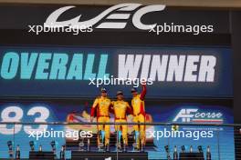 Race winners Robert Shwartzman (ISR), Yifei Ye (CHN), and Robert Kubica (POL) #83 AF Corse Ferrari celebrate on the podium. 01.09.2024. FIA World Endurance Championship, Rd 6, Lone Star COTA, Circuit of the Americas, Austin, Texas, USA.