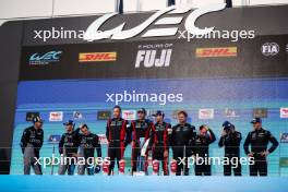 The podium (L to R): Dries Vanthoor (BEL) / Raffaele Marciello (ITA) / Marco Wittmann (GER) #15 BMW M Team WRT, second; Kevin Estre (FRA) / Andre Lotterer (GER) / Laurens Vanthoor (BEL) #06 Porsche Penske Motorsport, race winners; Nicolas Lapierre (FRA) / Mick Schumacher (GER) / Mathieu Vaxiviere (FRA) #36 Alpine Endurance Team, third. 15.09.2024. FIA World Endurance Championship, Round 7, Six Hours of Fuji, Fuji, Japan, Sunday.