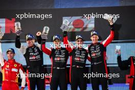 Race winners Sebastien Buemi (SUI) / Brendon Hartley (NZL) / Ryo Hirakawa (JPN) #08 Toyota Gazoo Racing, celebrate on the podium. 02.11.2024. FIA World Endurance Championship, Round 8, Eight Hours of Bahrain, Sakhir, Bahrain, Saturday.