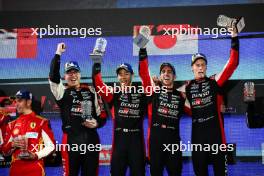 Race winners Sebastien Buemi (SUI) / Brendon Hartley (NZL) / Ryo Hirakawa (JPN) #08 Toyota Gazoo Racing, celebrate on the podium. 02.11.2024. FIA World Endurance Championship, Round 8, Eight Hours of Bahrain, Sakhir, Bahrain, Saturday.