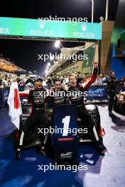 Race winners Ryo Hirakawa (JPN) /Sebastien Buemi (SUI) / Brendon Hartley (NZL) #08 Toyota Gazoo Racing, Toyota GR010, Hybrid, celebrate in parc ferme. 02.11.2024. FIA World Endurance Championship, Round 8, Eight Hours of Bahrain, Sakhir, Bahrain, Saturday.