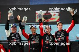 Race winners Sebastien Buemi (SUI) / Brendon Hartley (NZL) / Ryo Hirakawa (JPN) #08 Toyota Gazoo Racing, celebrate on the podium. 02.11.2024. FIA World Endurance Championship, Round 8, Eight Hours of Bahrain, Sakhir, Bahrain, Saturday.