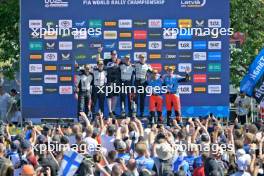 The podium (L to R): Sebastien Ogier (FRA) / Vincent Landais (FRA) Toyota Gazoo Racing WRT, Toyota GR Yaris Rally 1 Hybrid, second; Kalle Rovanpera (FIN) / Jonne Halttunen (FIN) Toyota Gazoo Racing WRT, Toyota GR Yaris Rally1 Hybrid, winners; Ott Tanak (EST) / Martin Jarveoja (EST) M-Sport Ford World Rally Team, Ford Puma Rally1 Hybrid, third. 18-21.07.2024. World Rally Championship, Rd 4, Rally Latvia, Liepaja. www.xpbimages.com, EMail: requests@xpbimages.com © Copyright: XPB Images