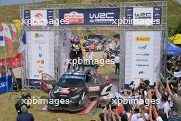 Rally winners Kalle Rovanpera (FIN) / Jonne Halttunen (FIN) Toyota Gazoo Racing WRT, Toyota GR Yaris Rally1 Hybrid celebrate at the podium. 27-30.06.2024. World Rally Championship, Rd 7, 80th Rally Poland, Mikolajki, Poland. www.xpbimages.com, EMail: requests@xpbimages.com © Copyright: XPB Images